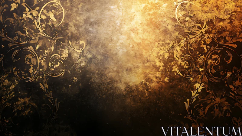 Ornate gold floral scrolls over textured dark background.