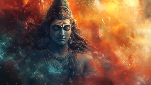 Divine cosmic deity in fiery meditative stillness.