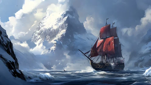 Crimson-sailed galleon amid glacial fjord in cinematic digital painting.