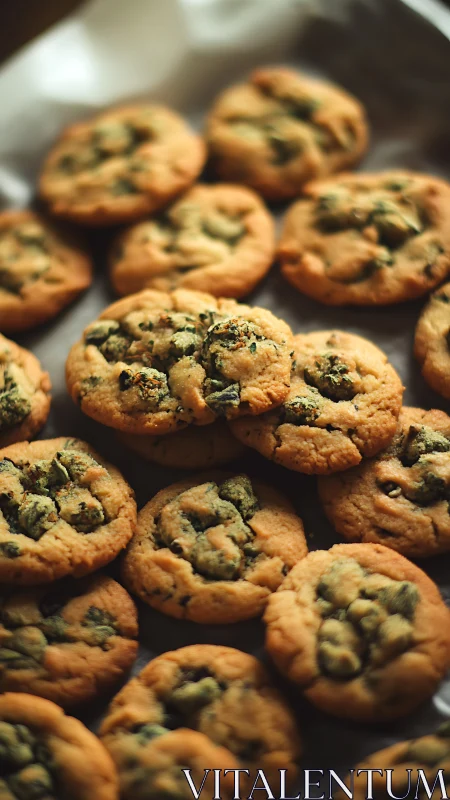 Warm chocolate chip cookies on rustic baking parchment.