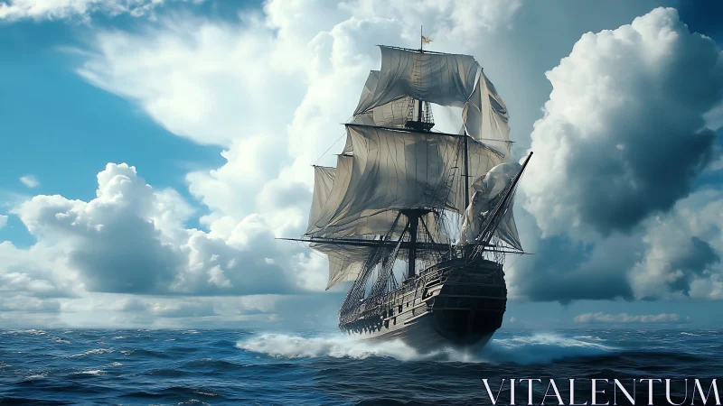 Storm-bound tall ship cleaves sapphire waves toward light.