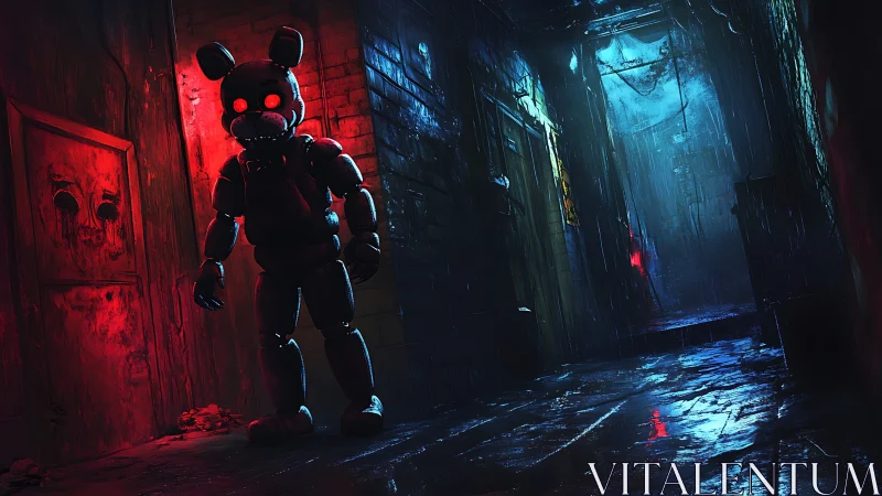 Red-eyed alley animatronic stalker in neon rain-soaked gloom.