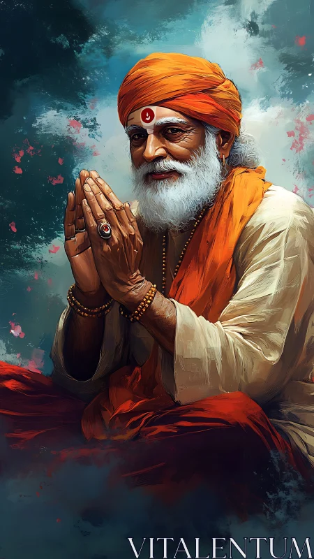 Digital painting portrait of serene elder guru in saffron robes.