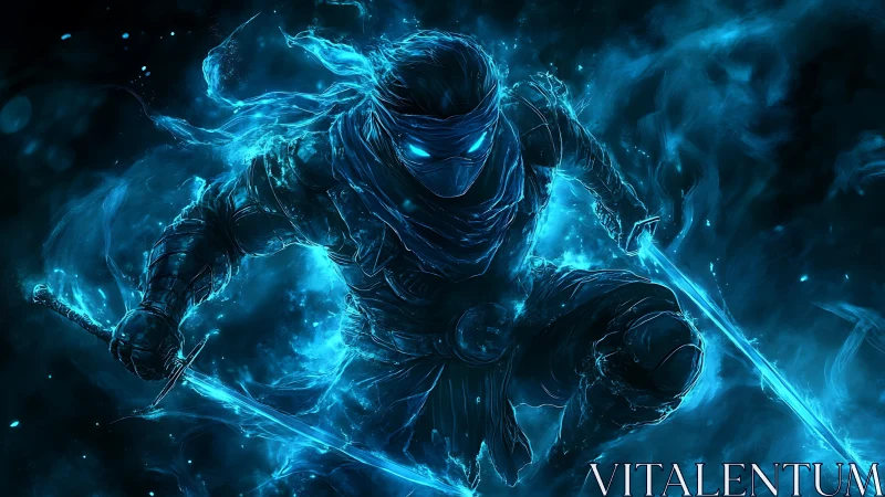 Blue spectral ninja warrior with dual glowing swords.