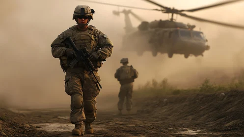 Soldiers in desert terrain with helicopter in background.