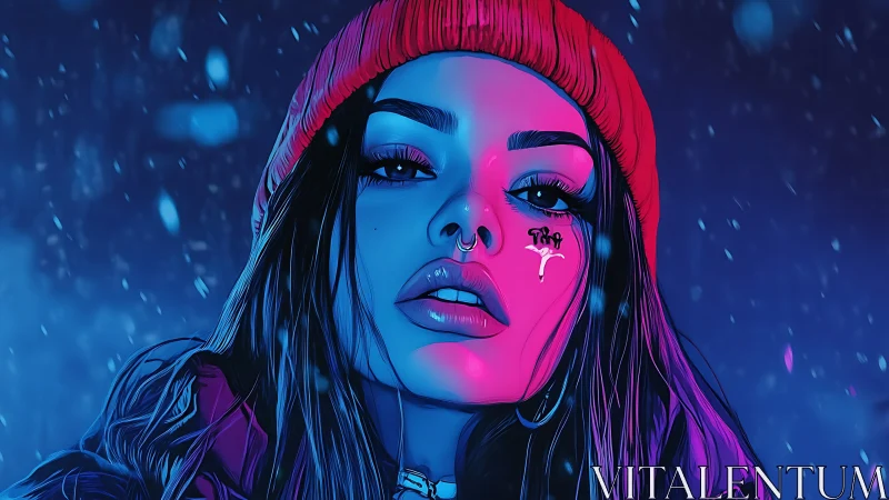 Neon lit portrait celebrates bold style in a snowy night glow