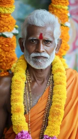 Elderly Hindu devotee framed by marigold garlands in vivid focus