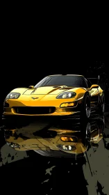 Yellow sports coupe is rendered with reflective wet ground