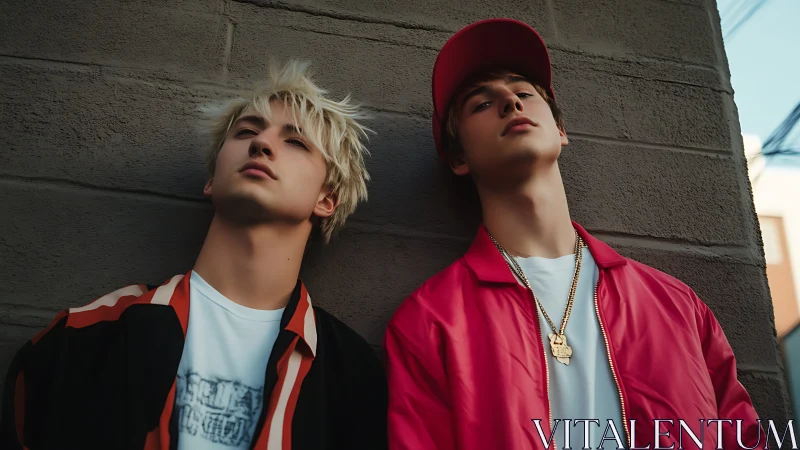 Urban portrait of two young men in casual streetwear styling
