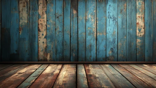 Weathered blue wooden planks form rustic wall and floor plane