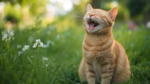 Orange Tabby Yawning in Spring Garden with White Flowers.