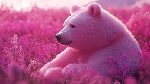 White bear resting in dense pink flower meadow at dusk.