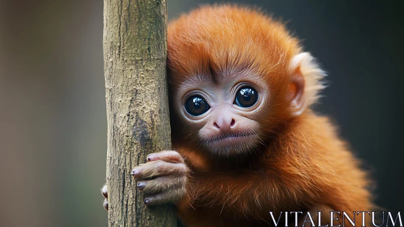 Baby golden monkey clings to tree with wide reflective eyes.