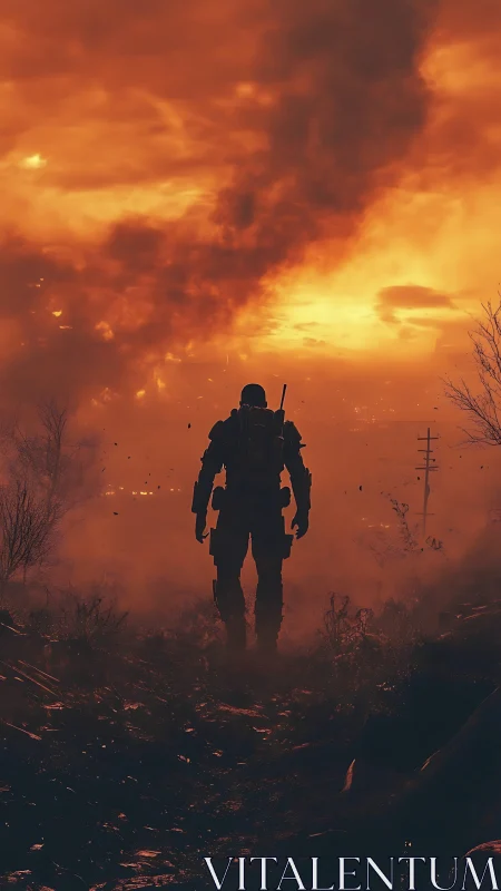 Silhouetted armored figure walks through smoke under orange sky