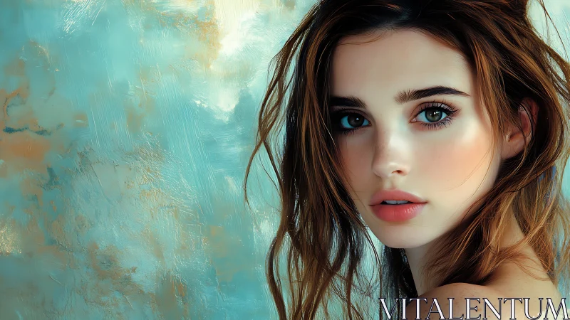 Digital portrait young woman against teal textured backdrop.