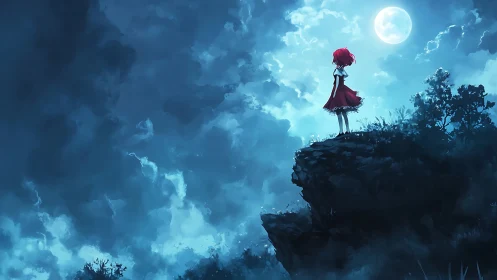 Girl in red dress overlooks luminous moonlit storm clouds