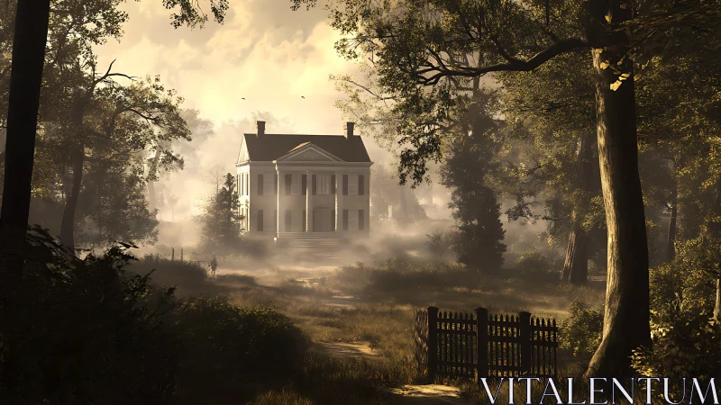 Sunlit neoclassical manor emerges through atmospheric woodland haze