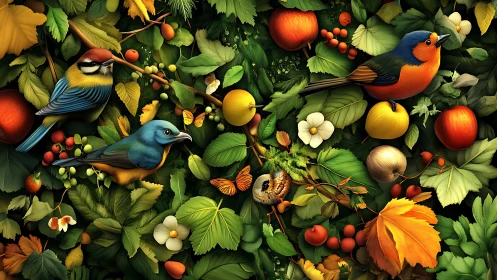Colorful songbirds rest among dense autumn orchard foliage