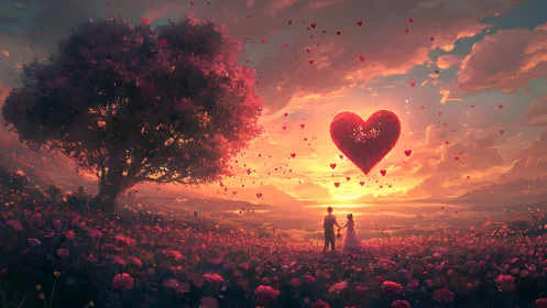 Couple in field with large heart and floating hearts, sunset.