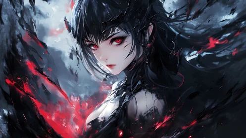 Nocturnal crimson sorceress in kinetic digital chiaroscuro.