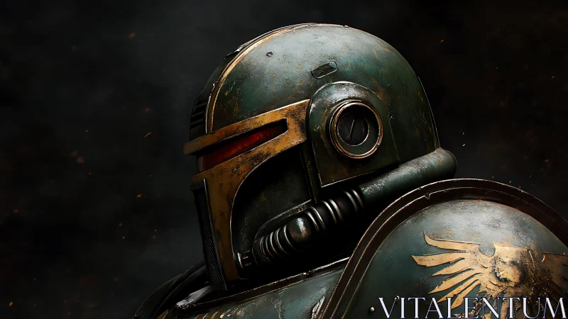 Battle-worn space guardian in emerald armor gazes ahead.