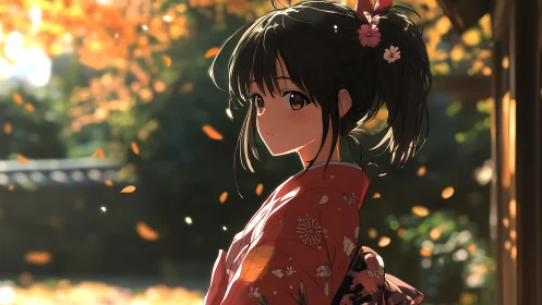 Kimono girl stands under warm autumn garden sunlight