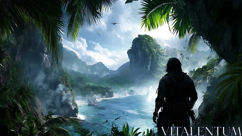 Silhouetted figure overlooks tropical coastal landscape with distant islands