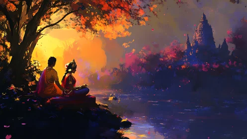 Figures by riverside at sunset facing distant temple.