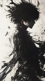 Silhouetted ink figure dissolves into dynamic abstract splashes