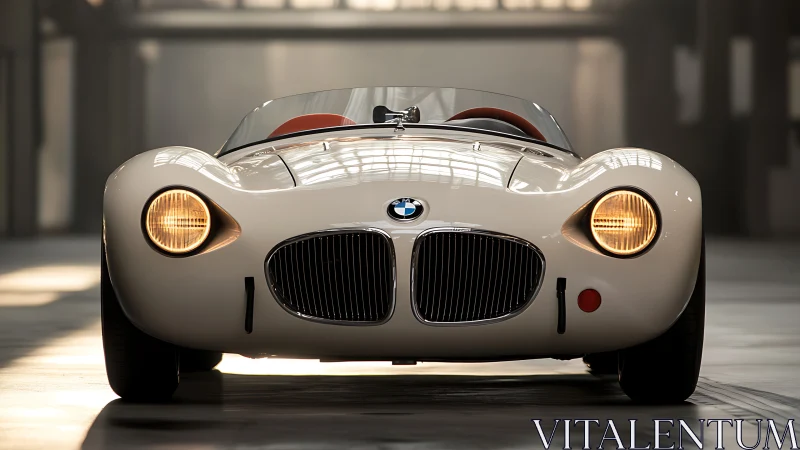 Streamlined BMW roadster in soft warehouse daylight glow.