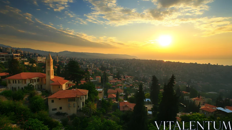 Sunset over hillside town and sea-kissed valley roofs.