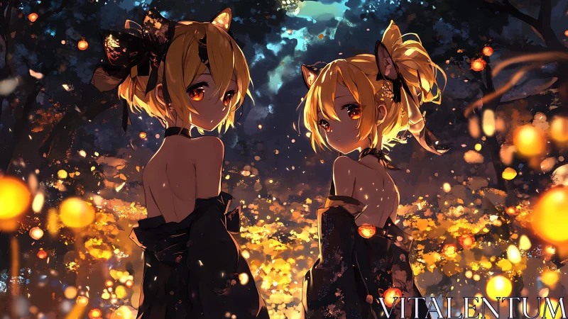 Twin anime figures in lantern lit forest environment.