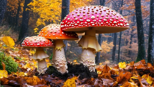 Bright red forest mushrooms glow warmly in golden autumn woods