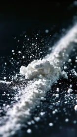 White powder granules scattered on dark reflective surface.