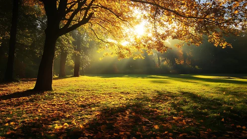 Backlit autumn canopy captures low-angle sunbeams in parkland