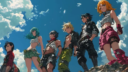 Postapocalyptic anime squad framed against vivid open sky.