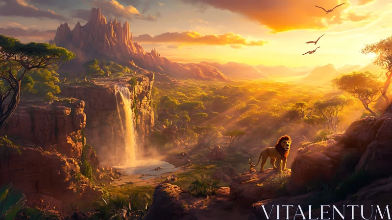 Desert landscape with lion and distant buttes at sunset.