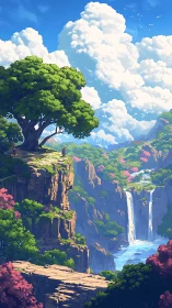 Person stands on cliff above canyon waterfall under clouds