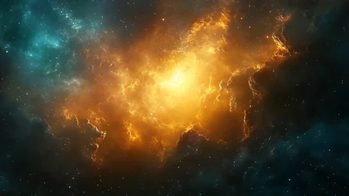 Golden nebula glow cradled in deep teal cosmic clouds.