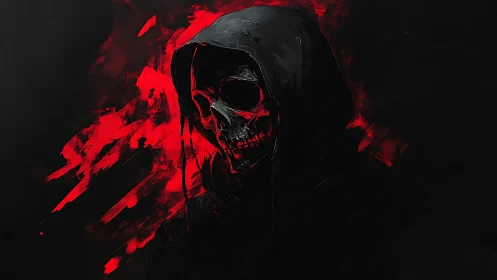 Hooded skeletal reaper emerges through violent crimson strokes.