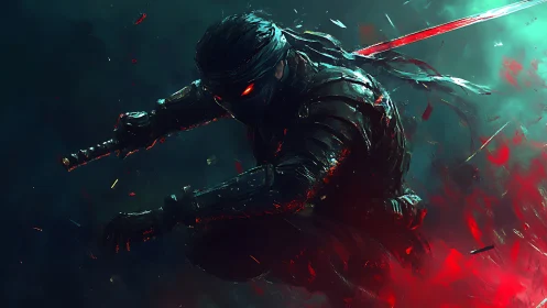 Armored figure crouches with sword amid red and teal debris