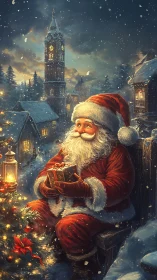 Snowlit Santa pauses with gifts in a glowing village night.