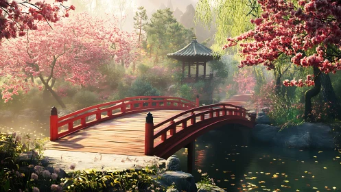 Red arched bridge in calm cherry blossom garden scene.