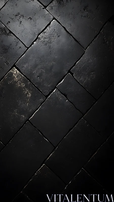 Dark stone tiles form dramatic diagonal geometric grid.