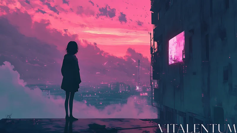 Silhouetted girl overlooks neon city beneath vivid pink sky