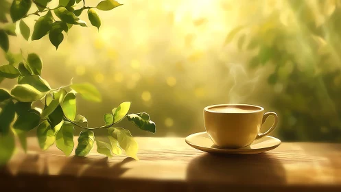 Sunlit coffee dream on a golden morning garden table.