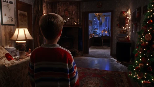 Child stands in dim interior facing lit adjoining room