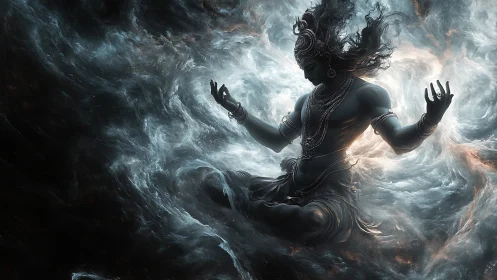 Cosmic deity seated within swirling astral storm vortex.