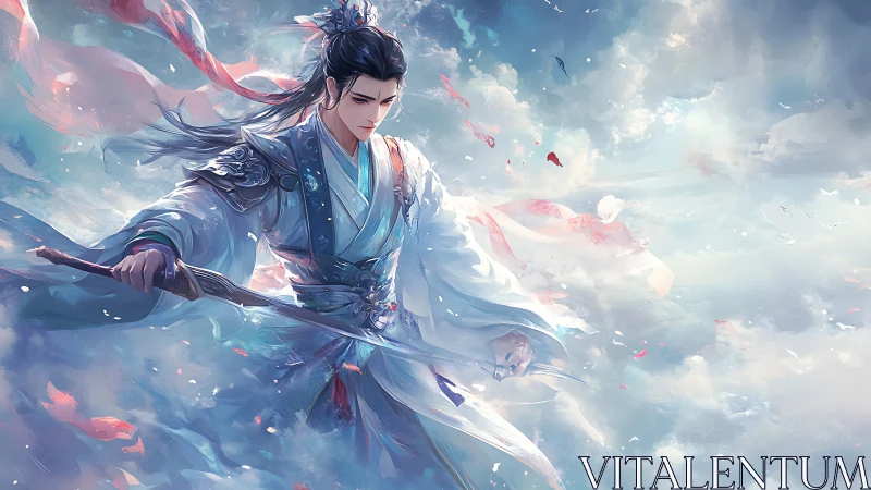 Sword-bearing wuxia warrior suspended in dynamic aerial cloudscape
