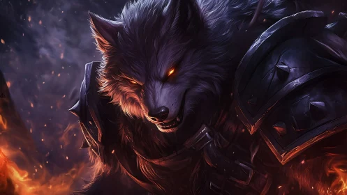 Armored wolf warrior advances through swirling battlefield fire